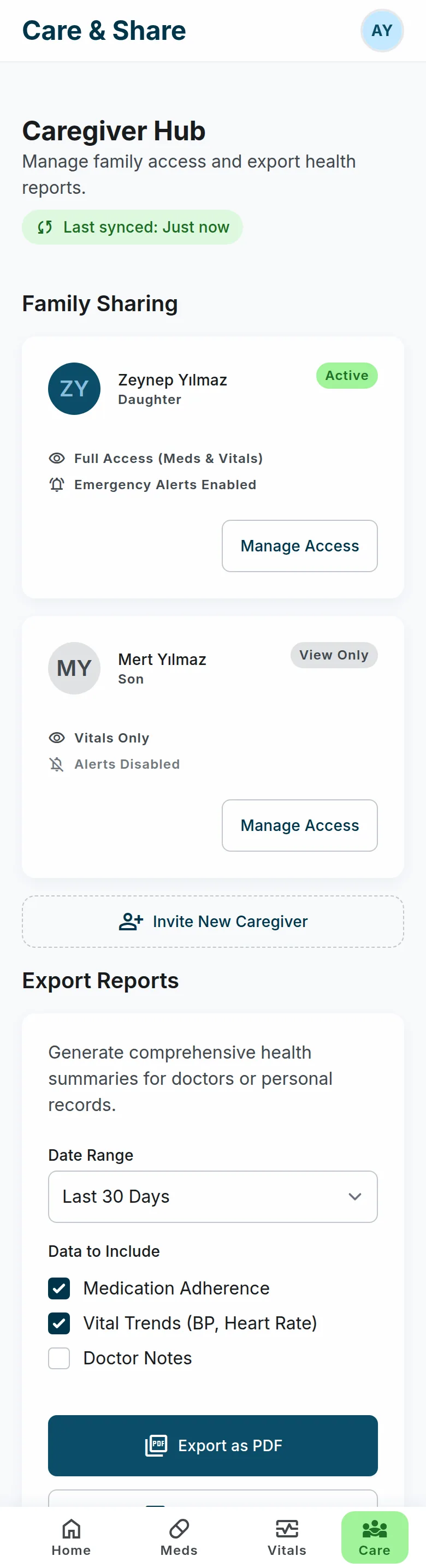 Care and share — family sharing, two caregivers, export a report