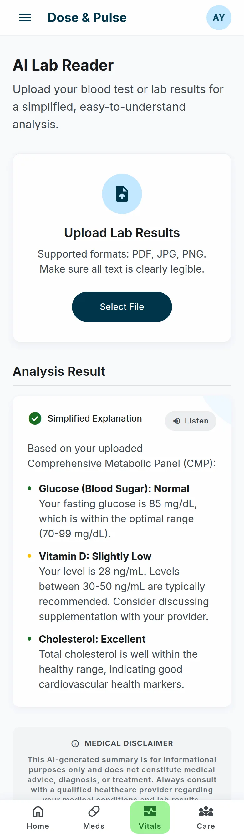 AI lab reader — glucose normal, vitamin D slightly low, cholesterol excellent