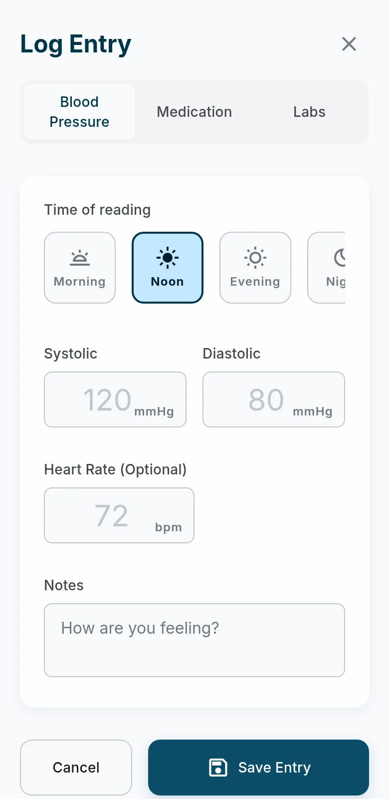 Log entry — time of reading, systolic, diastolic, heart rate