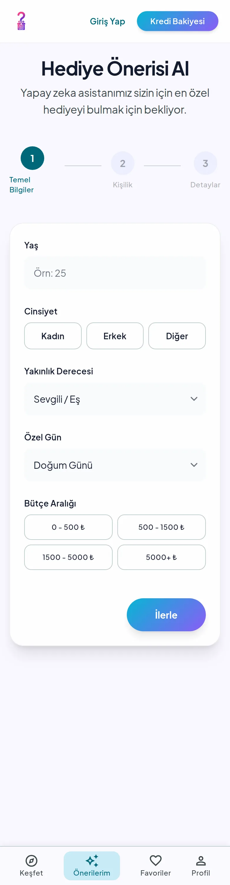 Step one — age, relationship, the occasion and a budget in lira